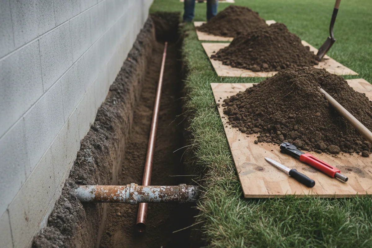 Excavated water line trench during Sewer Line Repair in Goldsmith